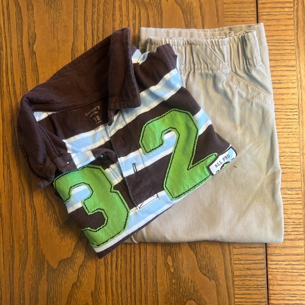 Carter’s brown striped polo and pull up khaki pants 18M